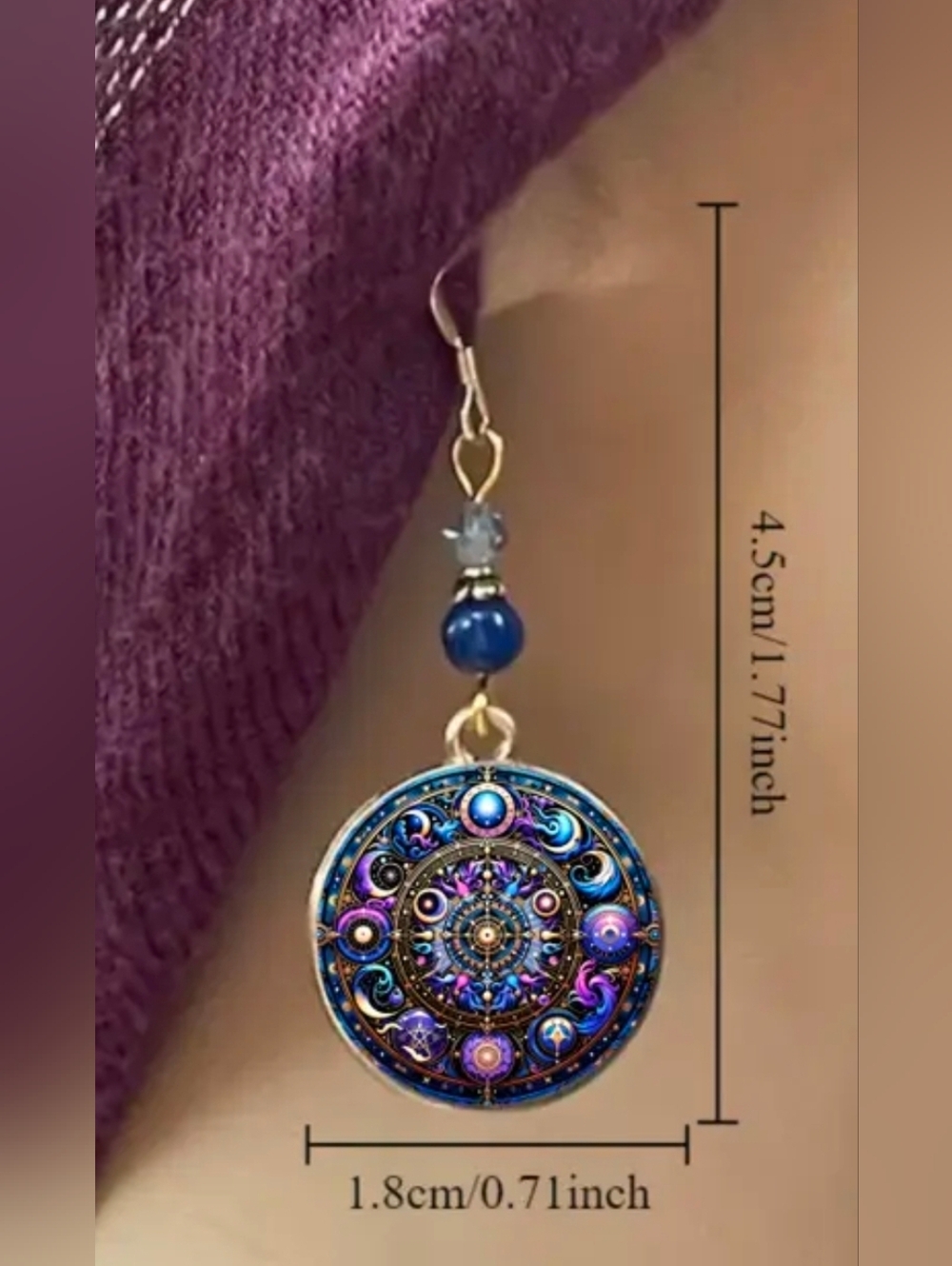 ASTROLOGY PHASES OF THE MOON Drop Earrings. Purple And Blue. - Picture 4 of 7